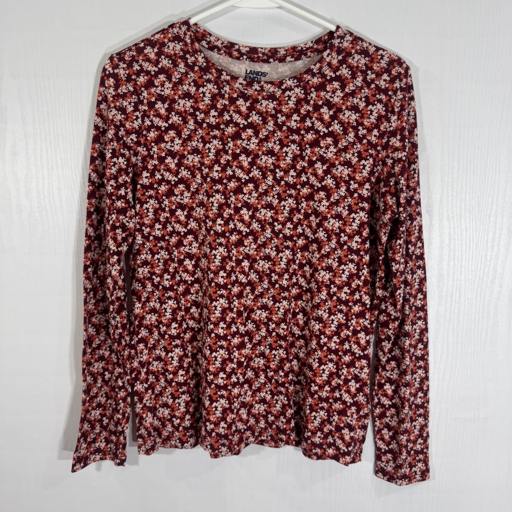 Lands' End Floral Print Long Sleeve Crew Neck Tee Top Womens XS‎ Petite